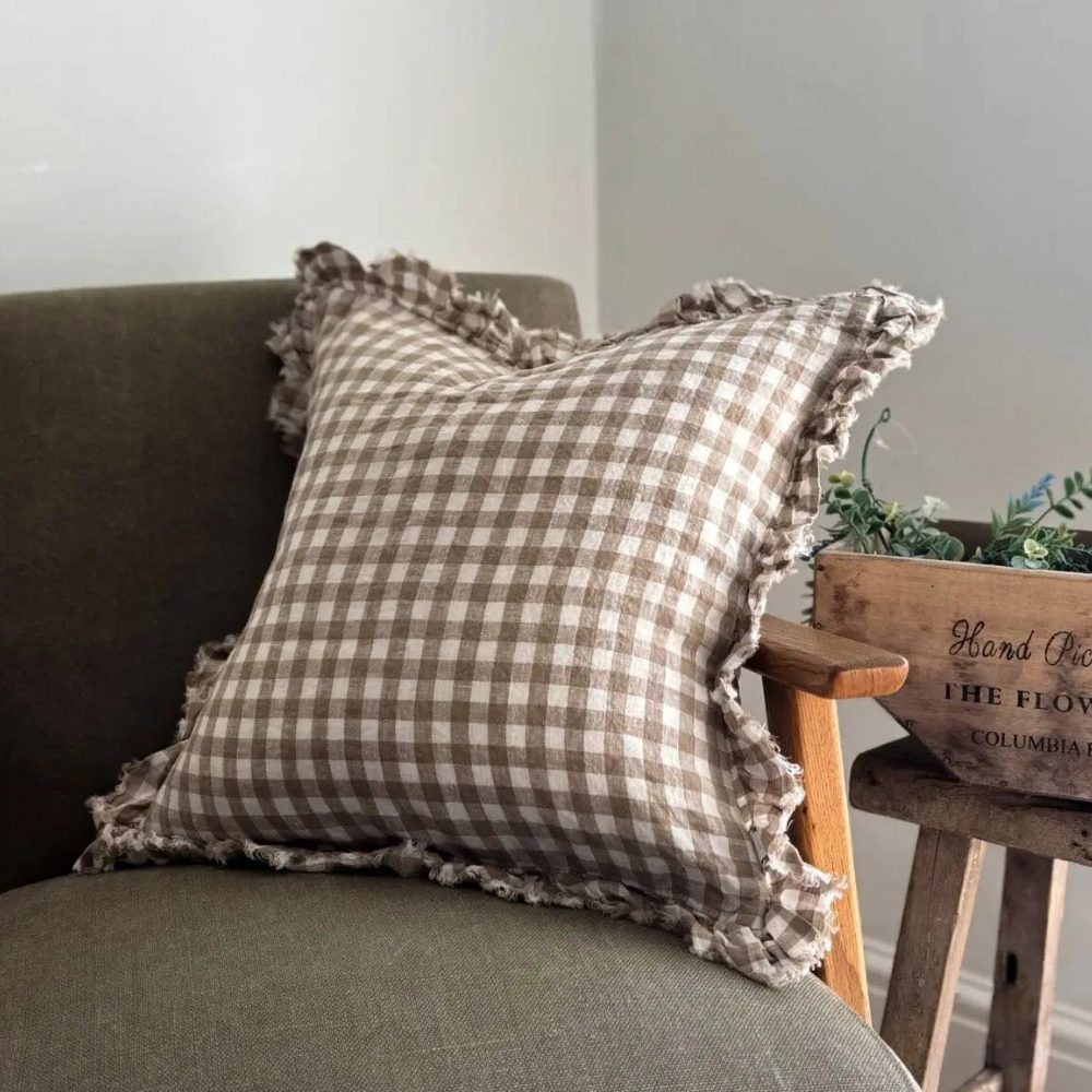 Hallie Brown Gingham Ruffle Cushion 45x45