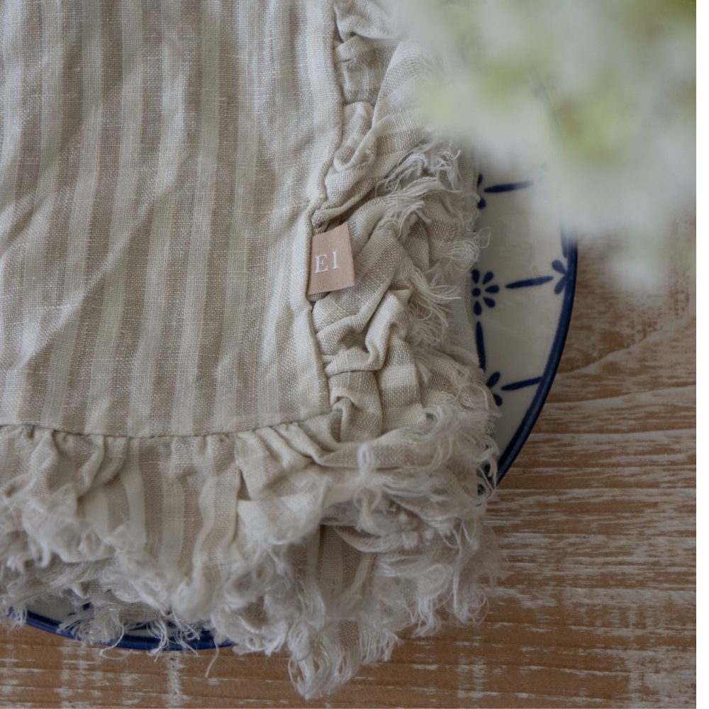 Natural Beige Stripe Ruffle Linen Napkins