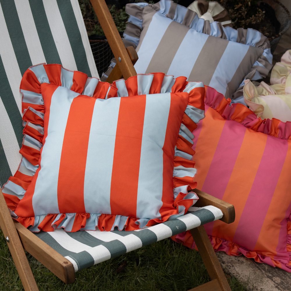 Outdoor Blue & Red Ruffle Edge Cushion 45x45