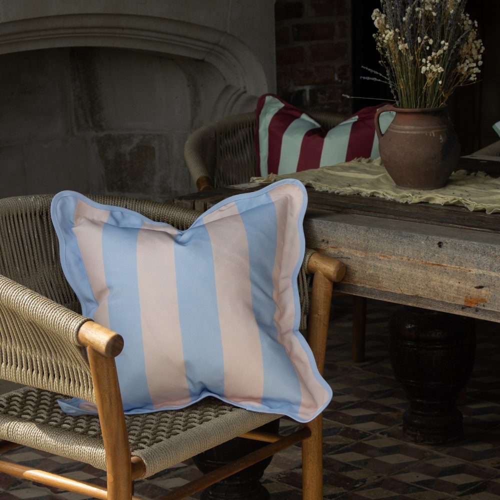 Outdoor Pink & Blue Stripe Scalloped Edge Cushion 45x45