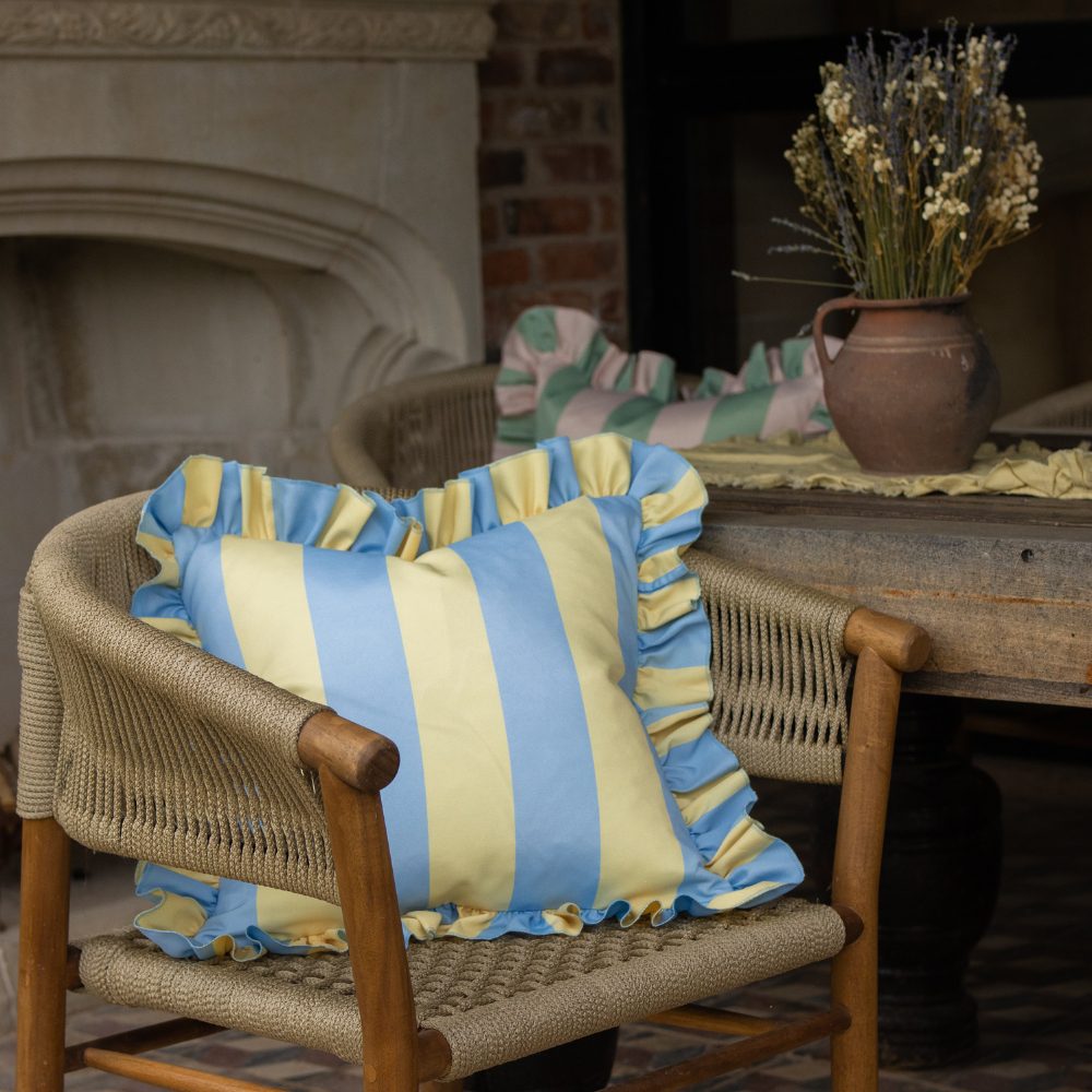 Outdoor Blue & Yellow Ruffle Cushion 45x45