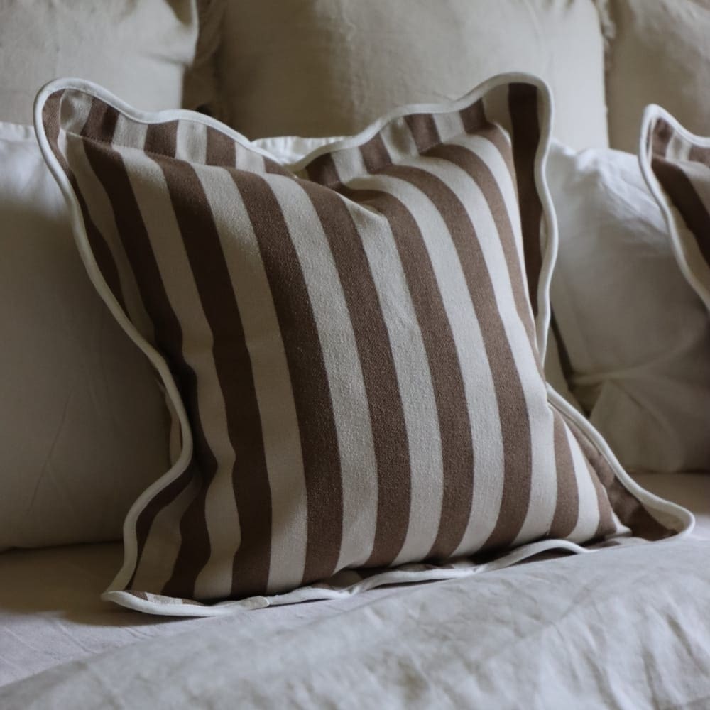 Chloe Brown Stripe Scalloped Edge Cushion 45x45