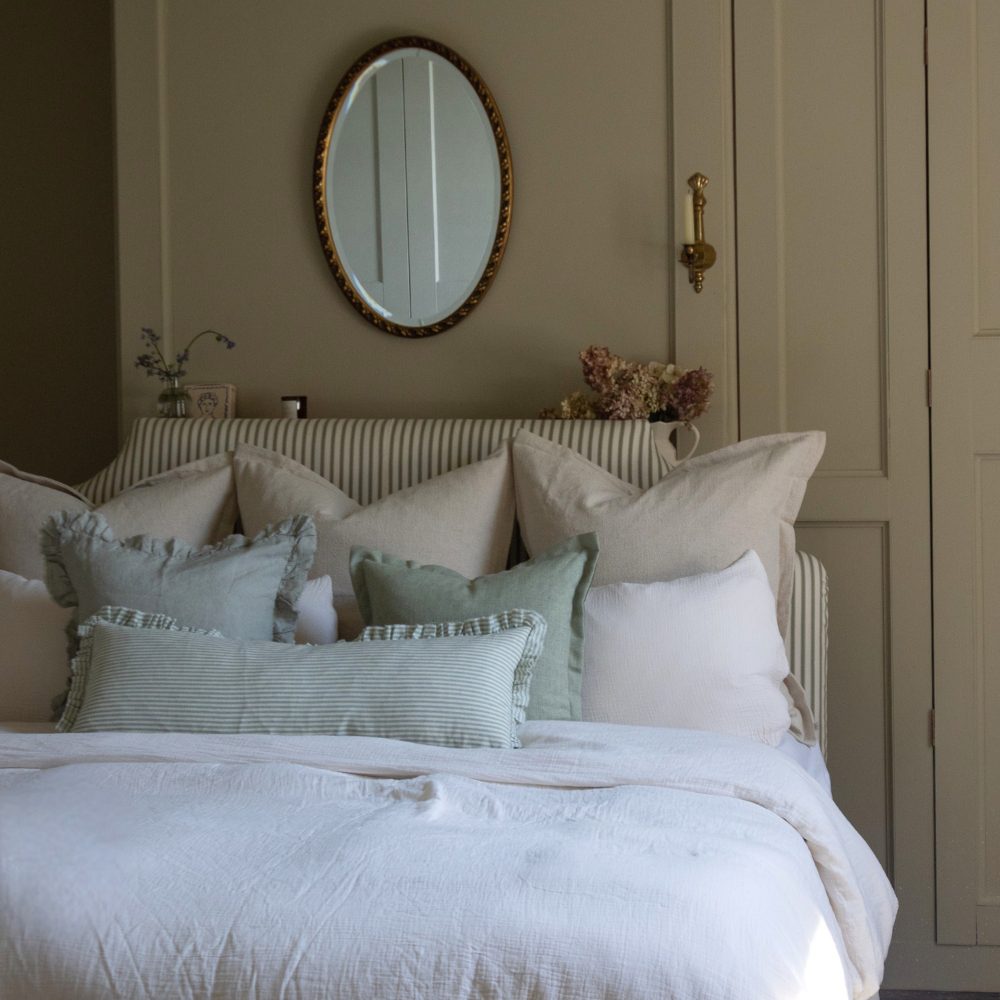 Darcy Sage Green Stripe Ruffle Bolster Cushion 80x30