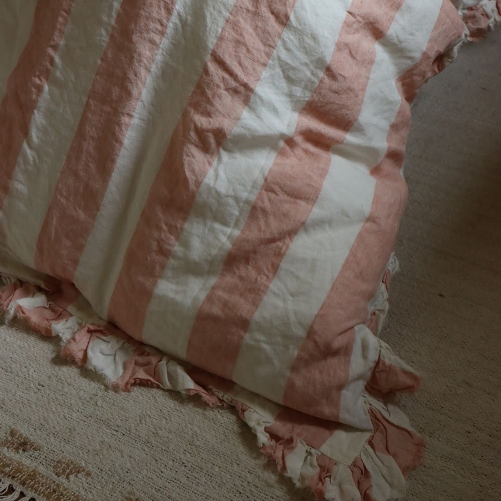 Luxury Pink Stripe Ruffle Linen Bedding Set