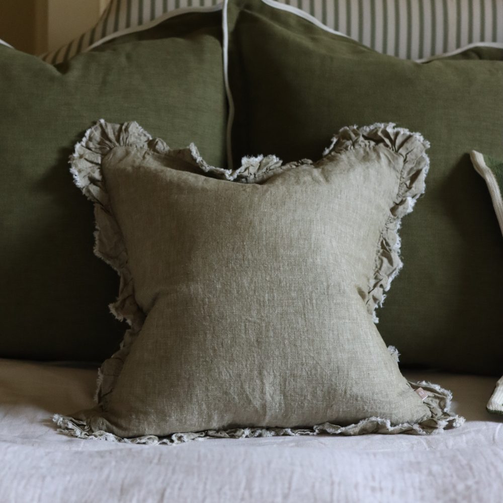 Hallie Washed Olive Green Linen Cushion 45x45