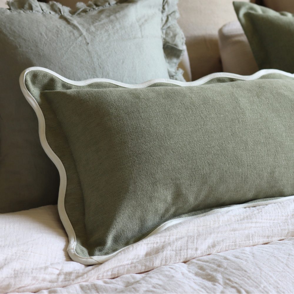 Chloe Sage Green Scalloped Edge Bolster Cushion 80x30