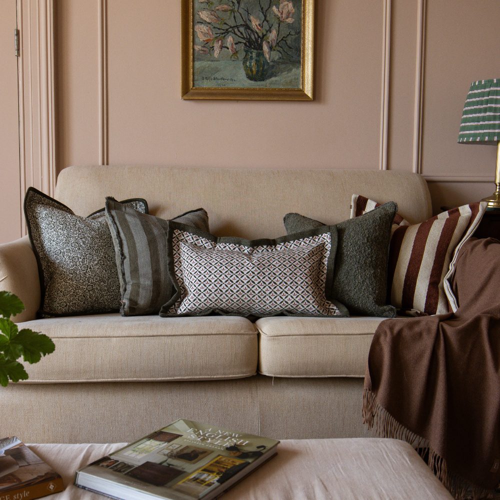 Fleur Olive Green Floral Flanged Edge Cushion 45x45
