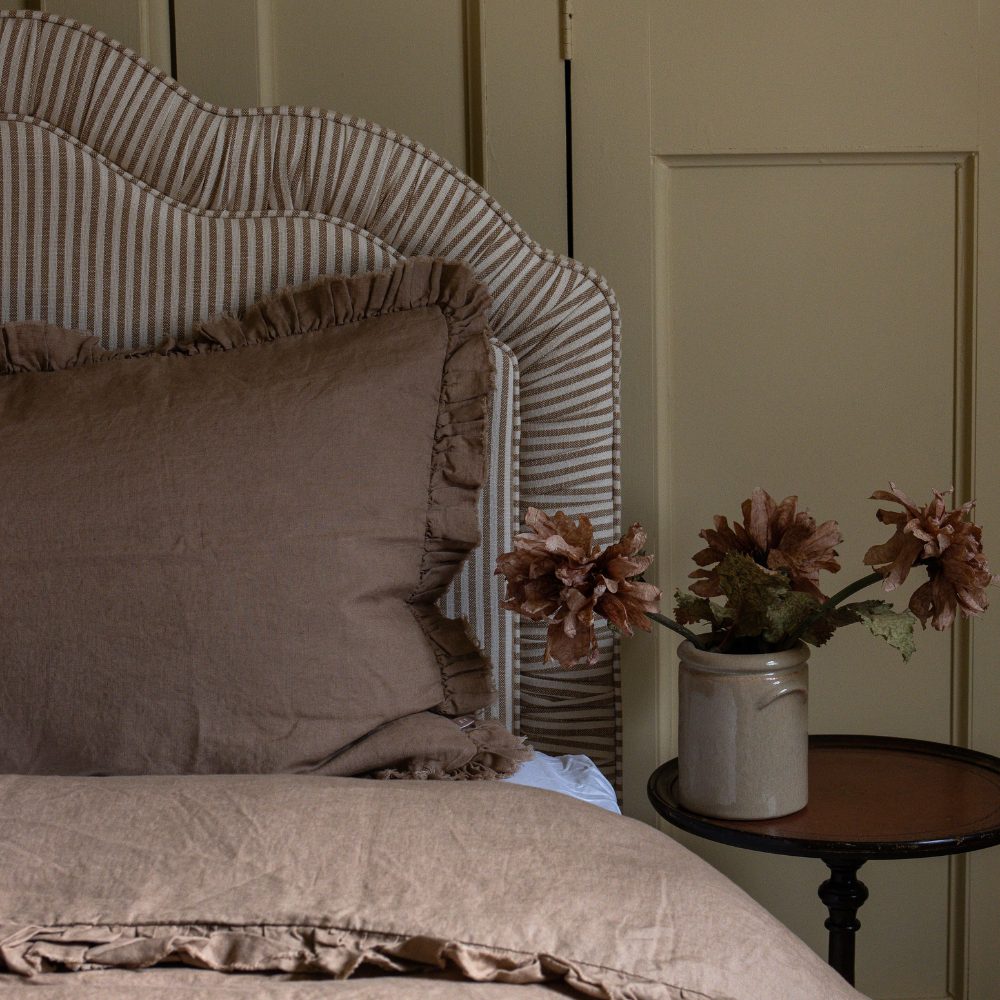 Luxury Coffee Brown Ruffle Linen Bedding Set