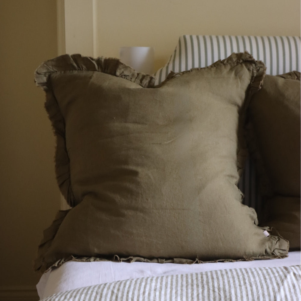 Hallie Olive Green Ruffle Cushion 65x65