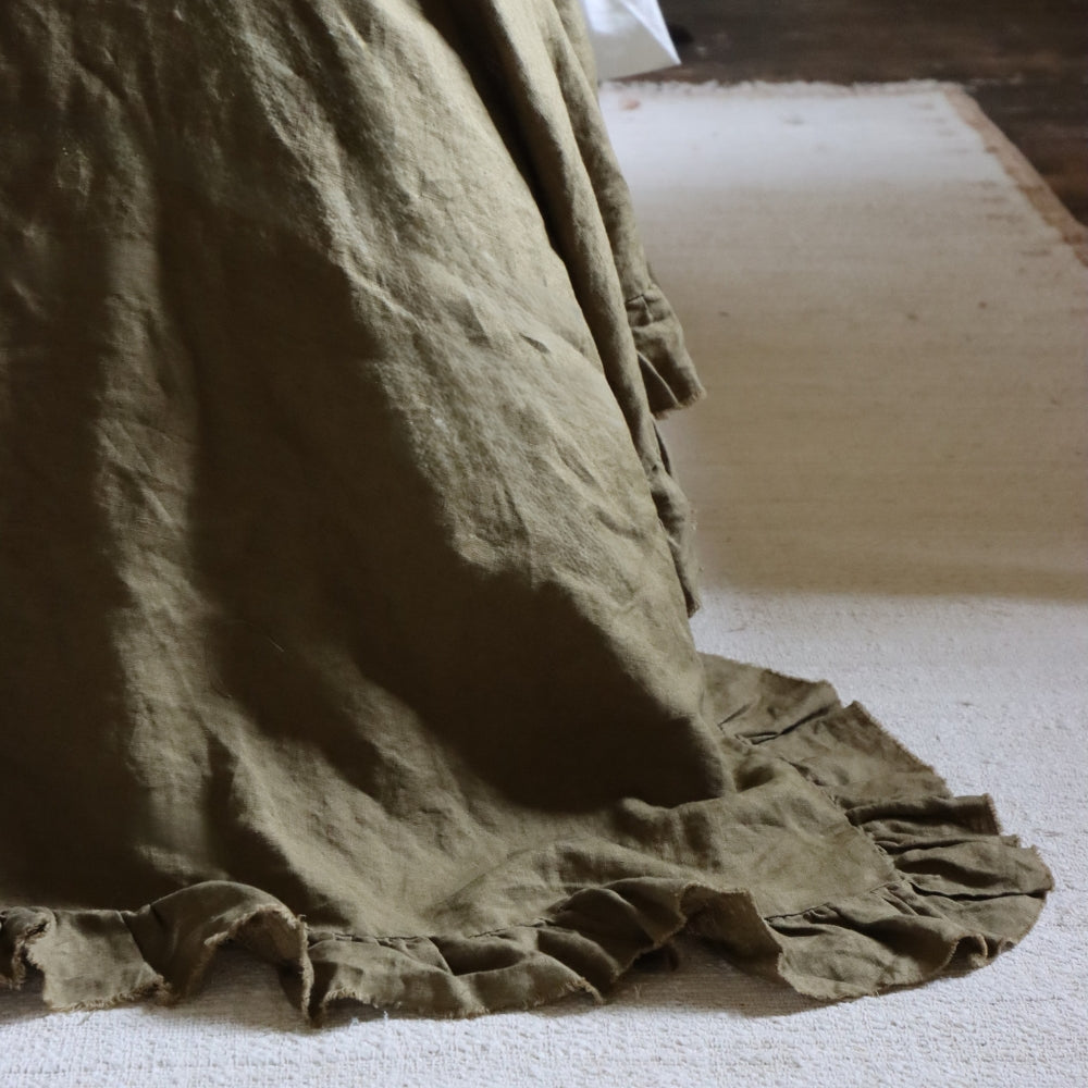 Olive Ruffle Linen Bedspread