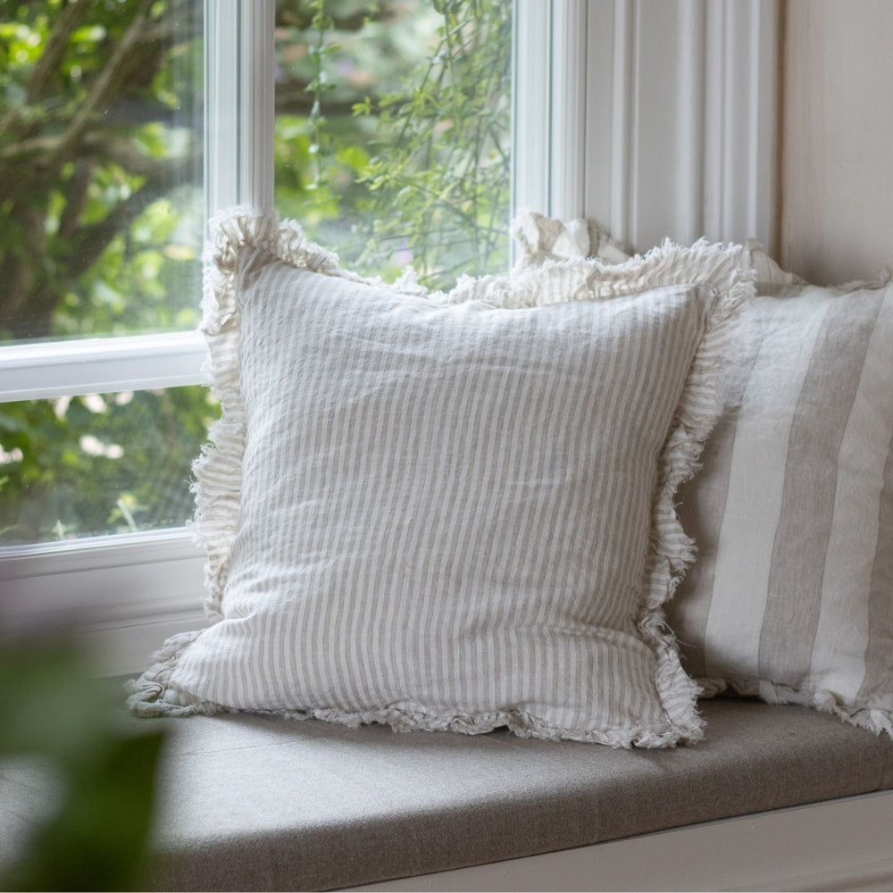 Hallie Natural Beige Stripe Ruffle Cushion 45x45