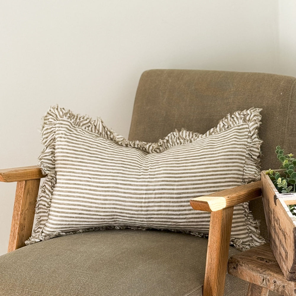 Hallie Olive Green Stripe Ruffle Cushion 50x30
