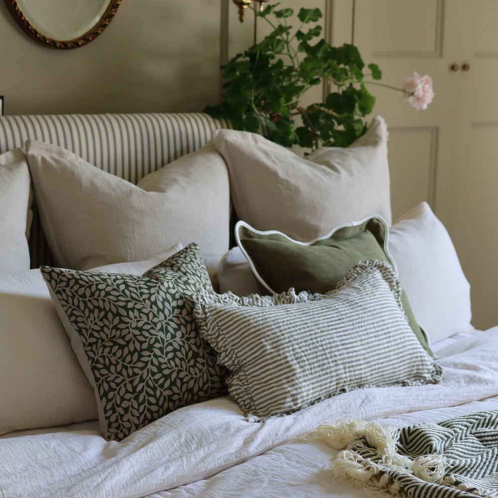 Hallie Olive Green Stripe Ruffle Cushion 50x30