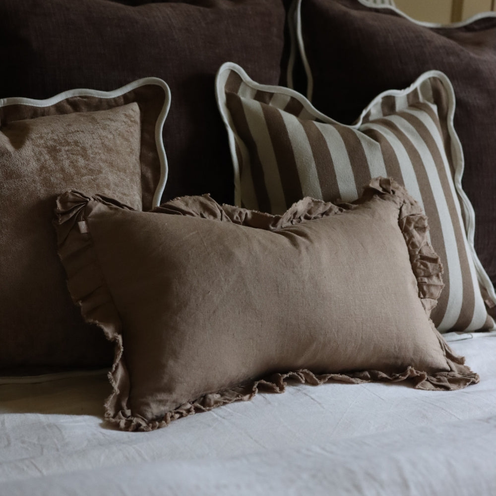 Hallie Coffee Brown Ruffle Cushion 50x30