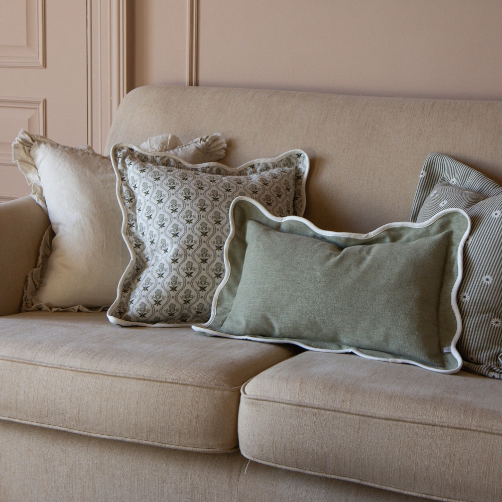 Chloe Sage Green Scalloped Edge Cushion 50x30