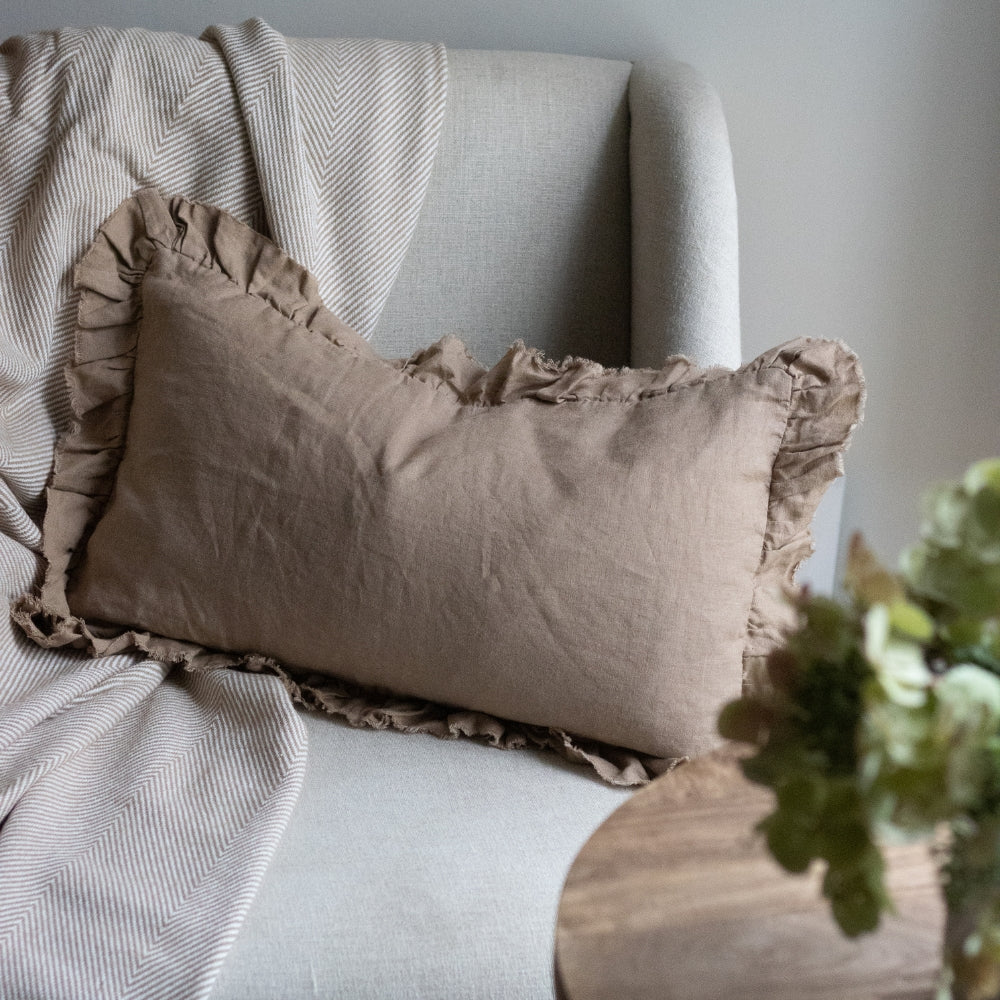Hallie Coffee Brown Ruffle Cushion 50x30