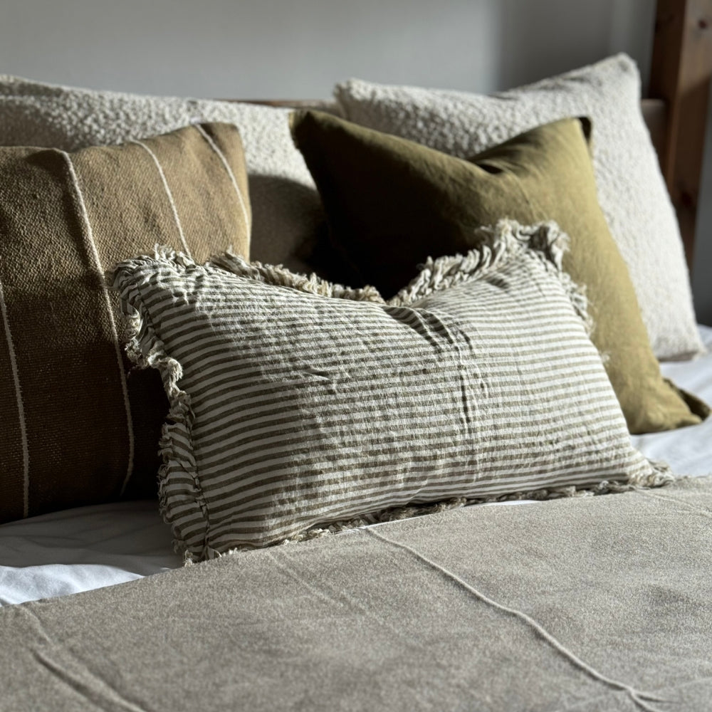 Hallie Olive Green Stripe Ruffle Cushion 50x30