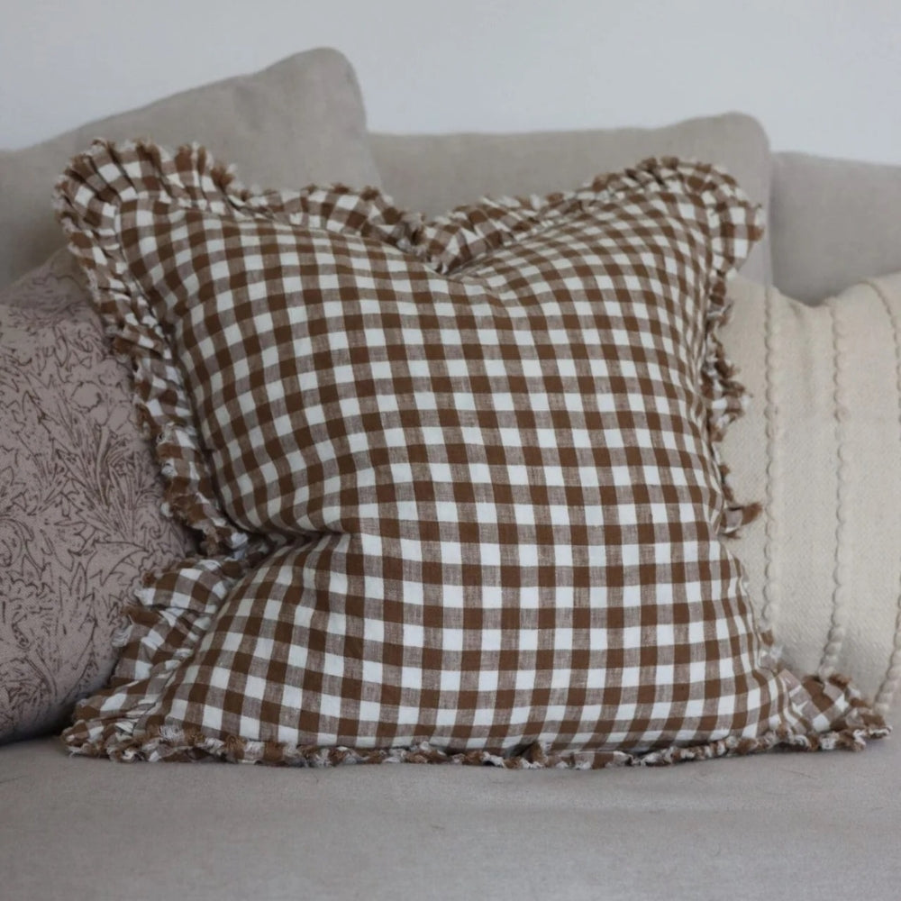Hallie Brown Gingham Ruffle Cushion 45x45