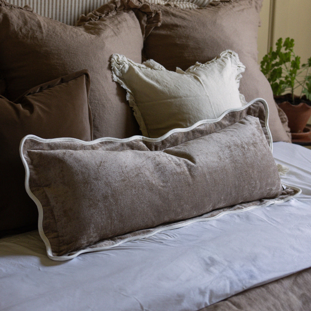 Chloe Coffee Brown Scalloped Edge Bolster Cushion 80x30