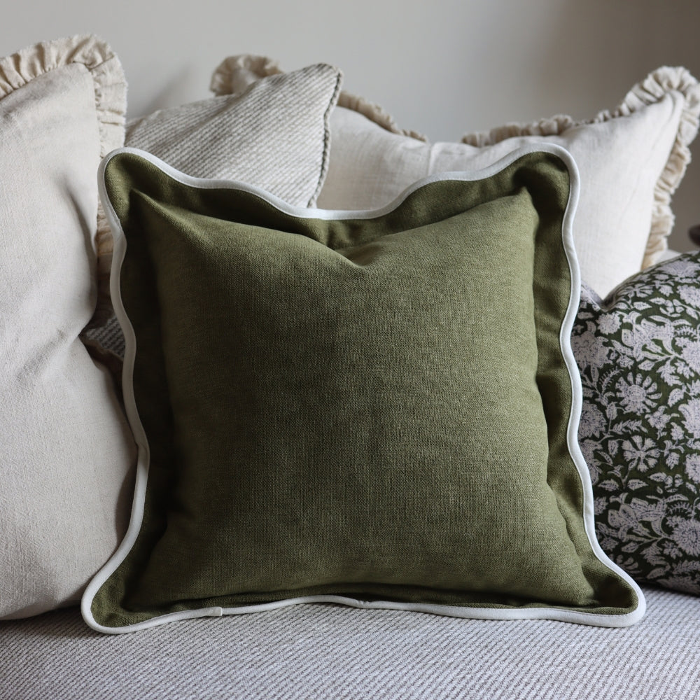 Chloe Olive Green Scalloped Edge Cushion 55x55cm