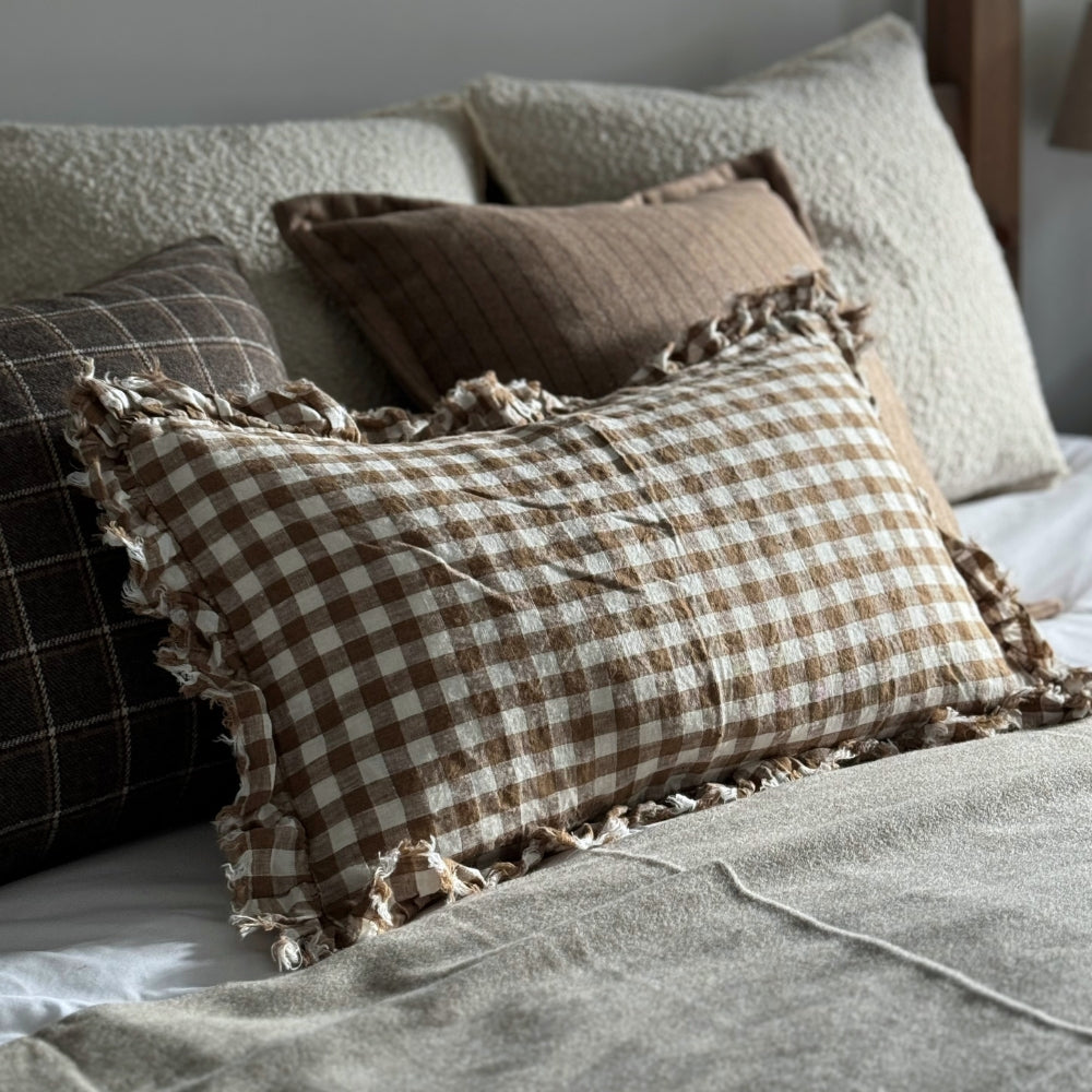 Hallie Brown Gingham Ruffle Cushion 50x30