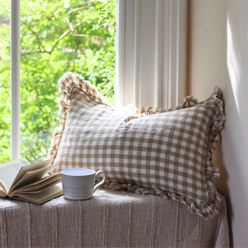 Hallie Brown Gingham Ruffle Cushion 50x30