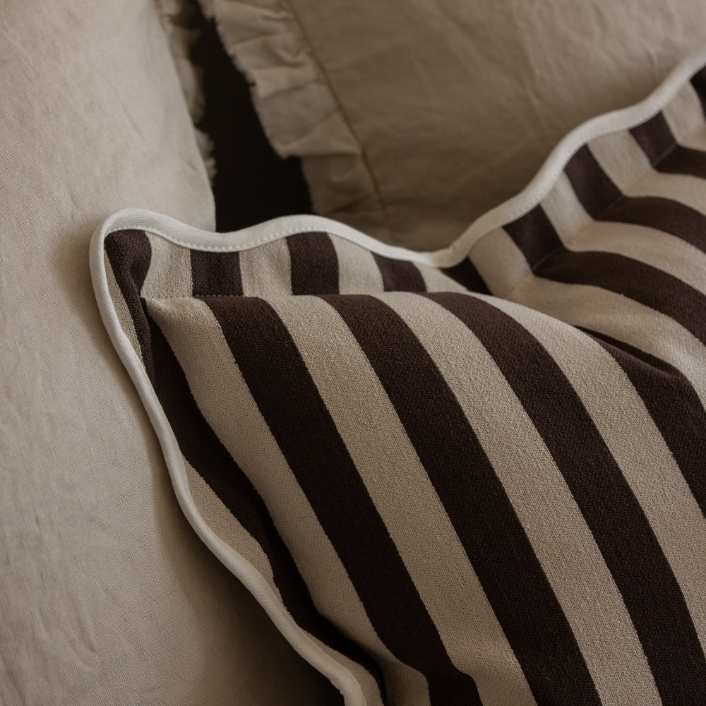 Chloe Dark Brown Stripe Scalloped Edge Cushion 45x45