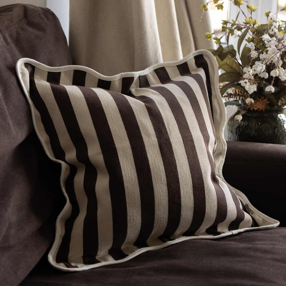 Chloe Dark Brown Stripe Scalloped Edge Cushion 45x45