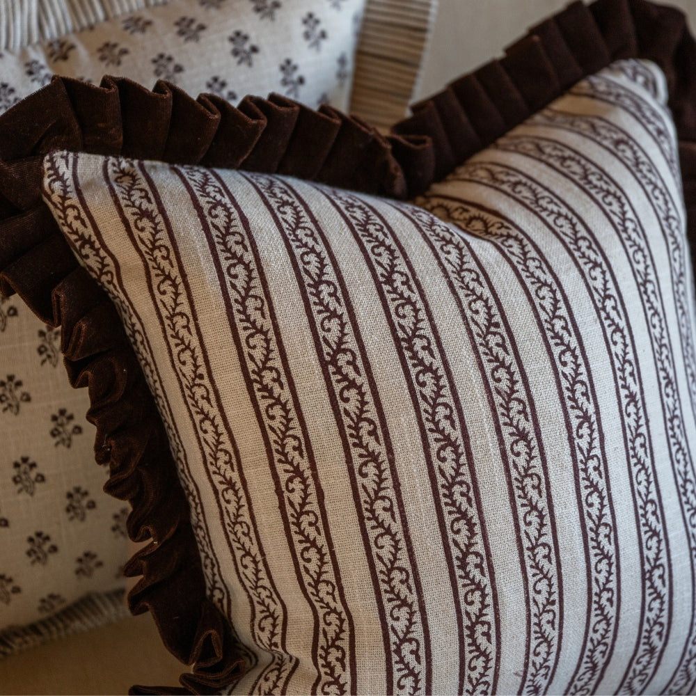 Ada Dark Brown Stripe Velvet Scalloped Edge Cushion 45x45