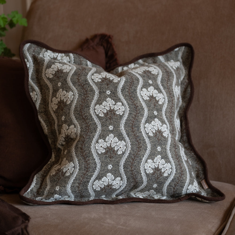 Chloe Brown Floral Print Scalloped Edge Cushion 45x45