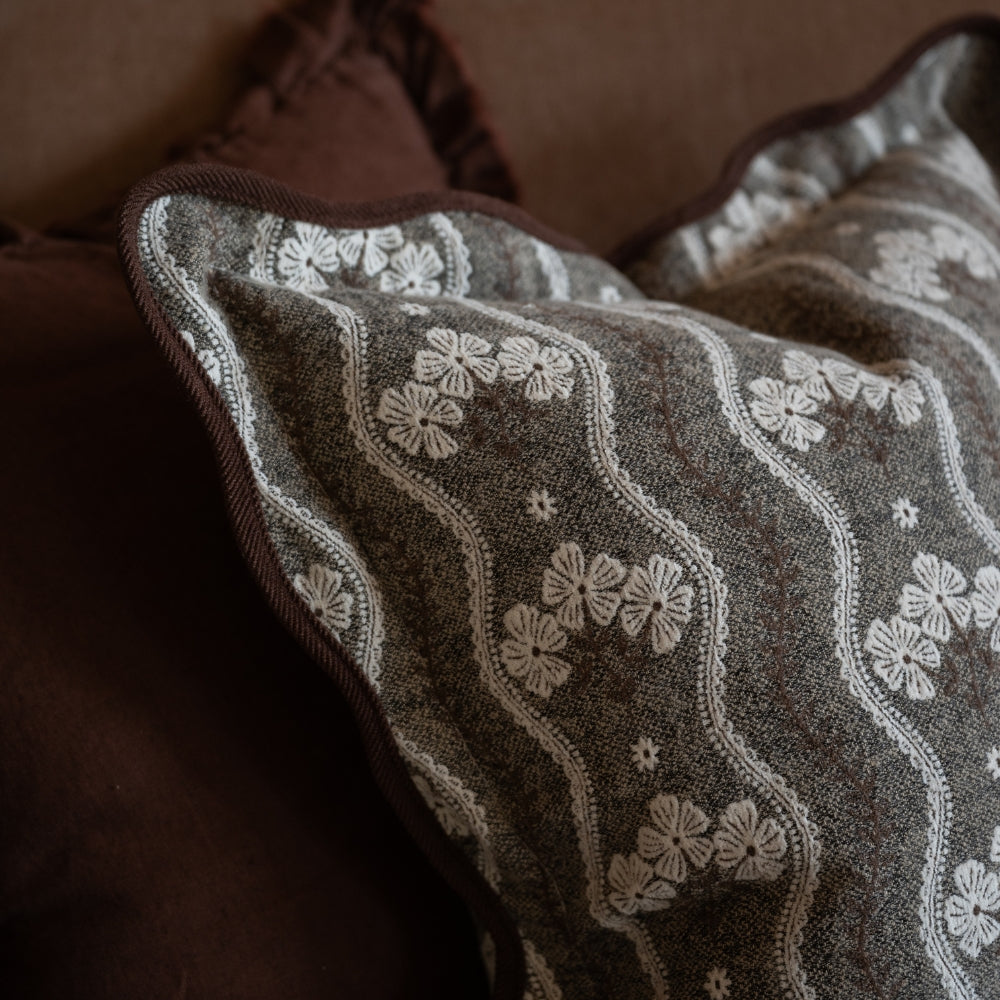Chloe Brown Floral Print Scalloped Edge Cushion 45x45