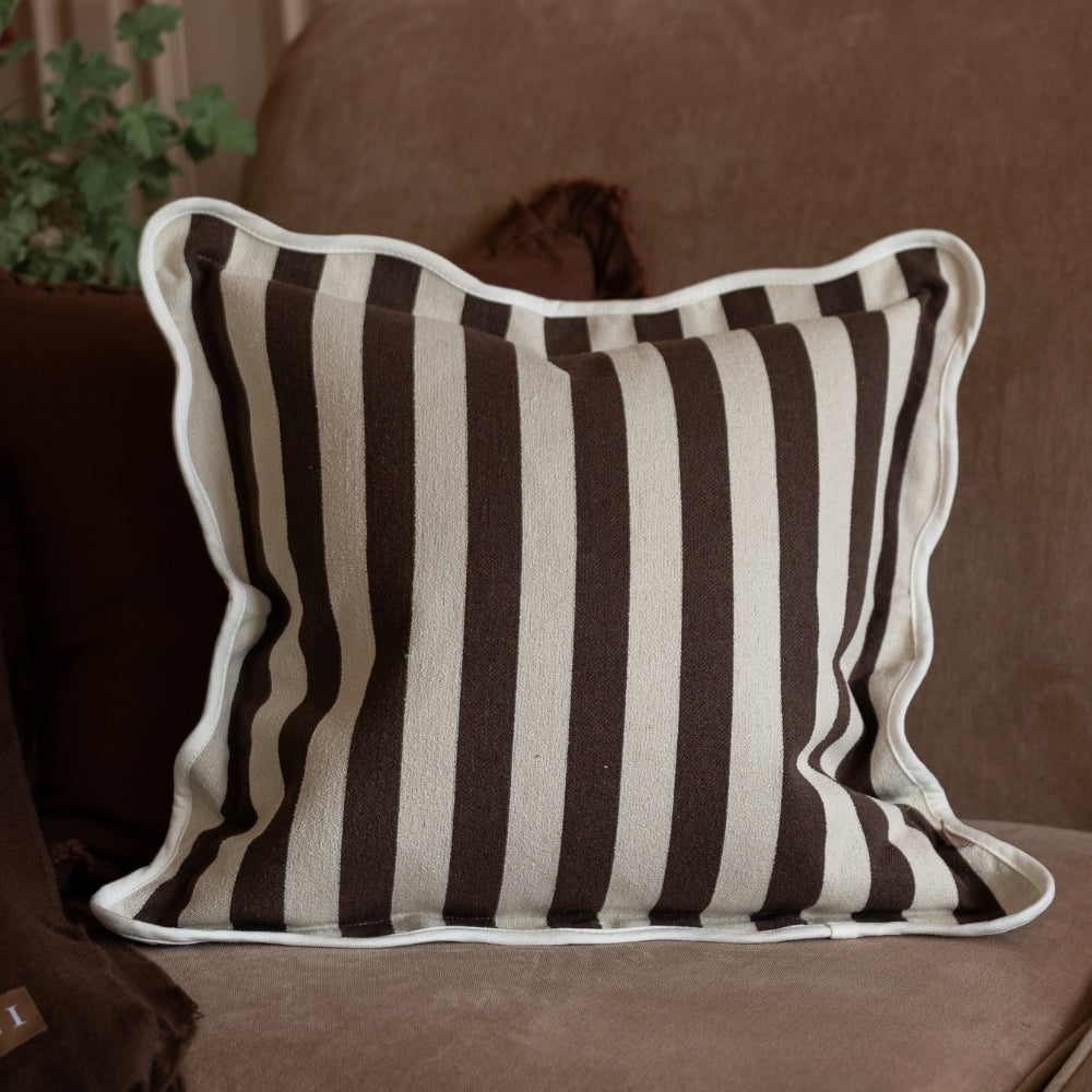Chloe Dark Brown Stripe Scalloped Edge Cushion 45x45