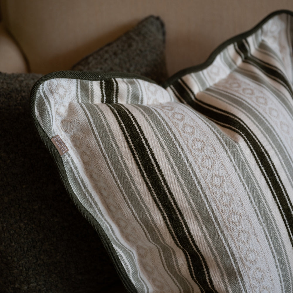 Chloe Olive & Sage Stripe Scalloped Edge Cushion 45x45