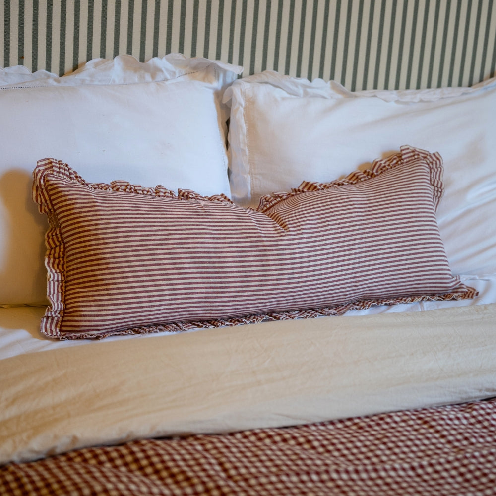 Darcy Burgundy Stripe Ruffle Edge Bolster Cushion 80x30