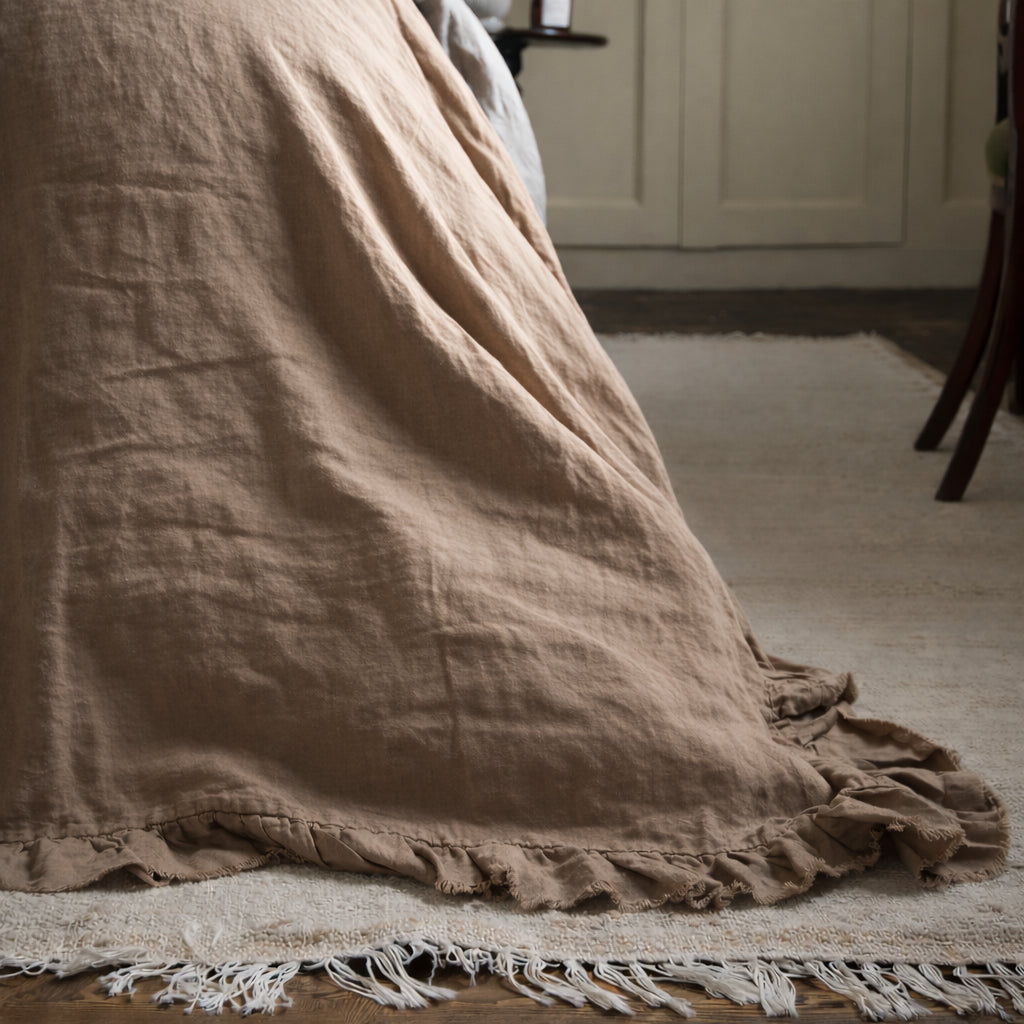 Coffee Brown Ruffle Linen Bedspread