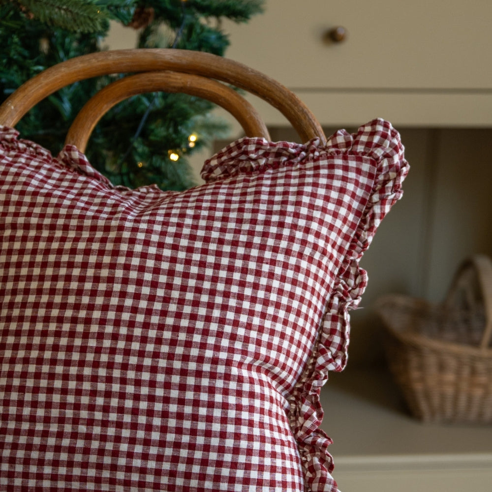 Hallie Burgundy Gingham Ruffle Cushion 45x45