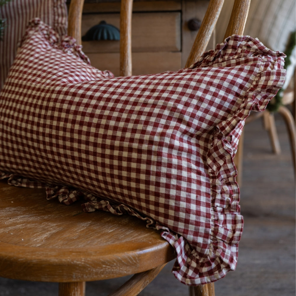 Hallie Burgundy Gingham Ruffle Cushion 50x30