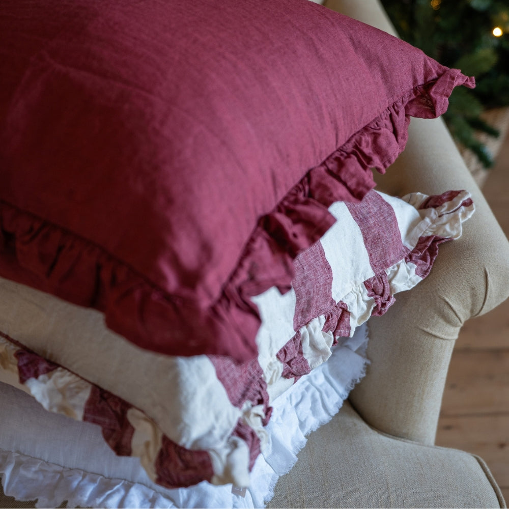Hallie Burgundy Stripe Ruffle Cushion 45x45