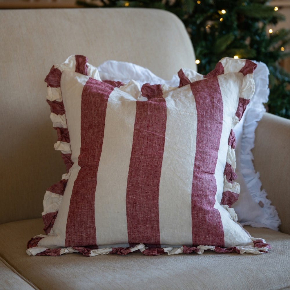 Hallie Burgundy Stripe Ruffle Cushion 45x45