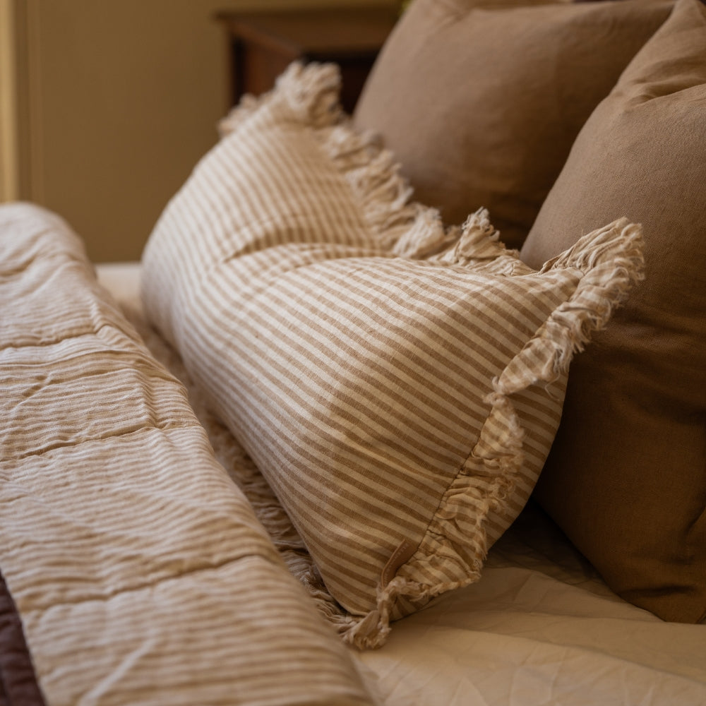 Hallie Light Brown Stripe Ruffle Cushion 80x30