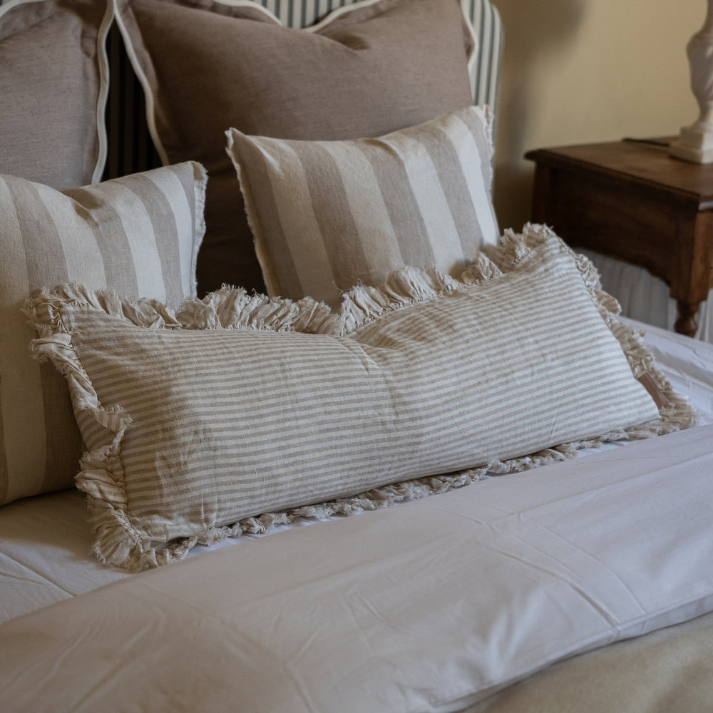 Hallie Natural Beige Stripe Ruffle Cushion 80x30