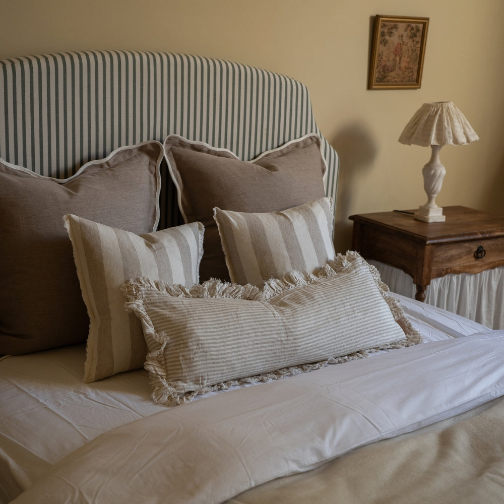 Hallie Natural Beige Stripe Ruffle Cushion 80x30