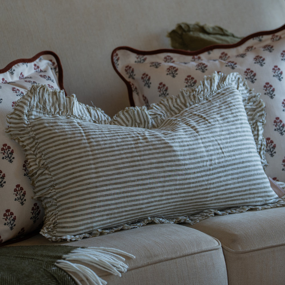 Hallie Olive Green Stripe Ruffle Cushion 50x30