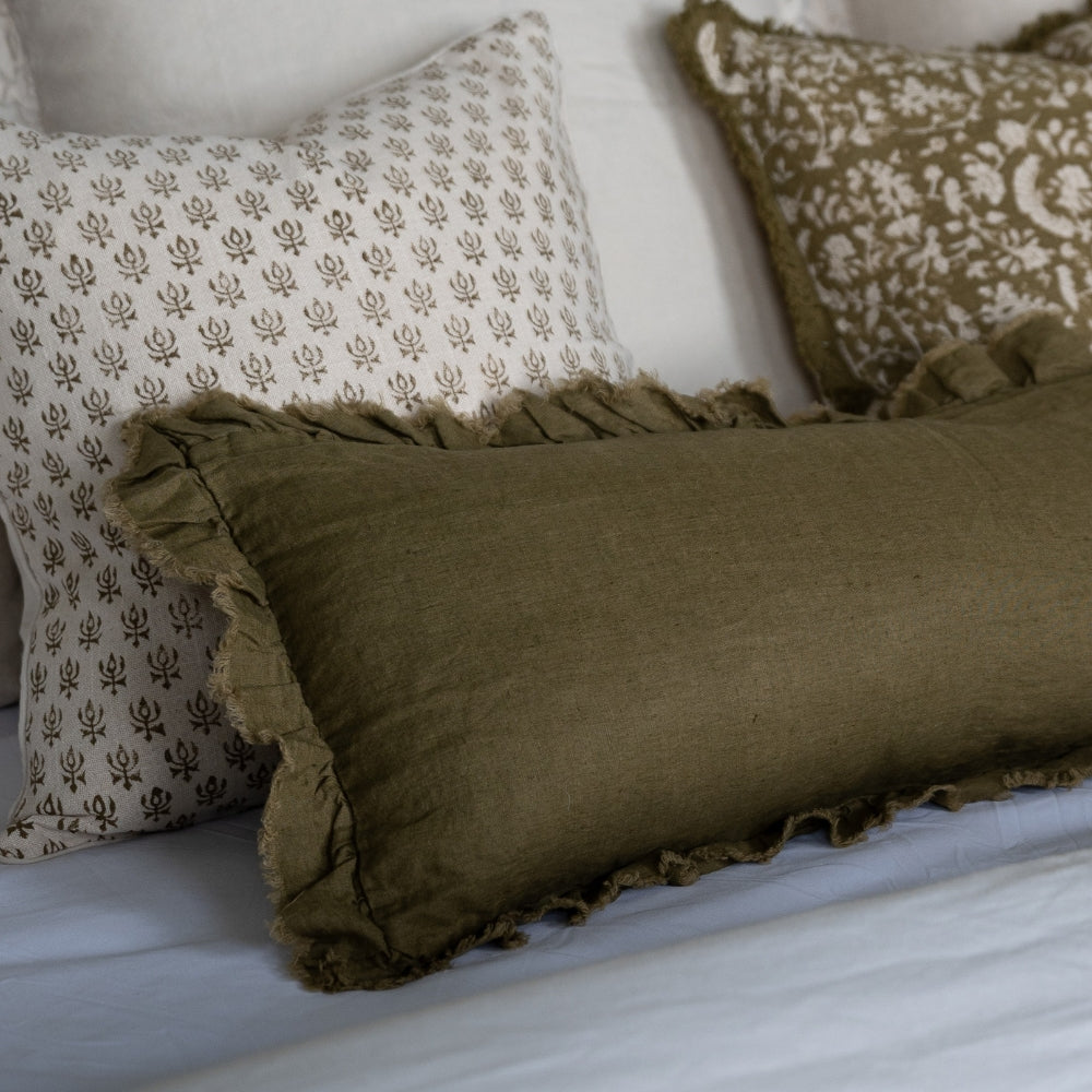Hallie Olive Ruffle Cushion 80x30
