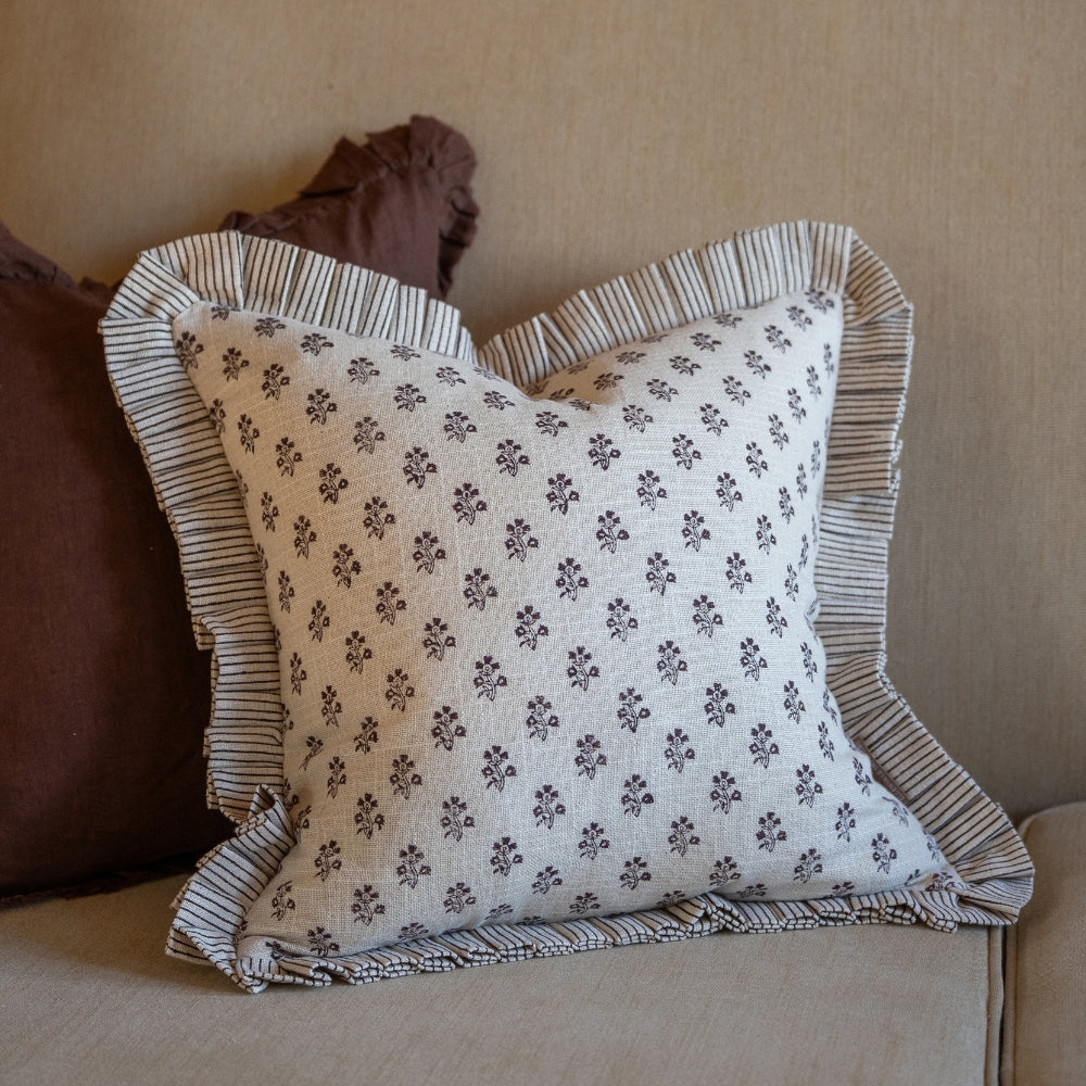 Lily Dark Brown Print Ruffle Edge Cushion 45x45