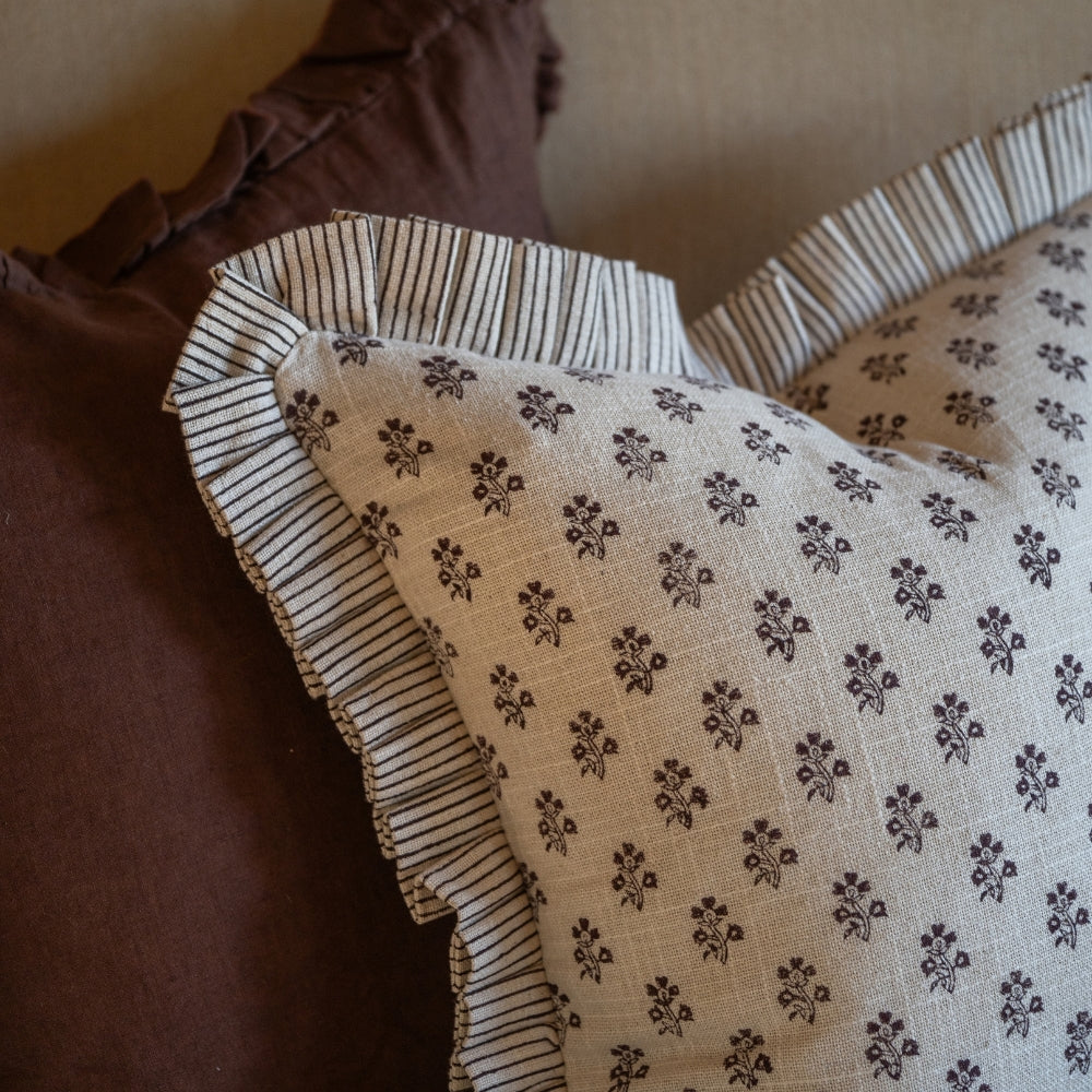 Lily Dark Brown Print Ruffle Edge Cushion 45x45