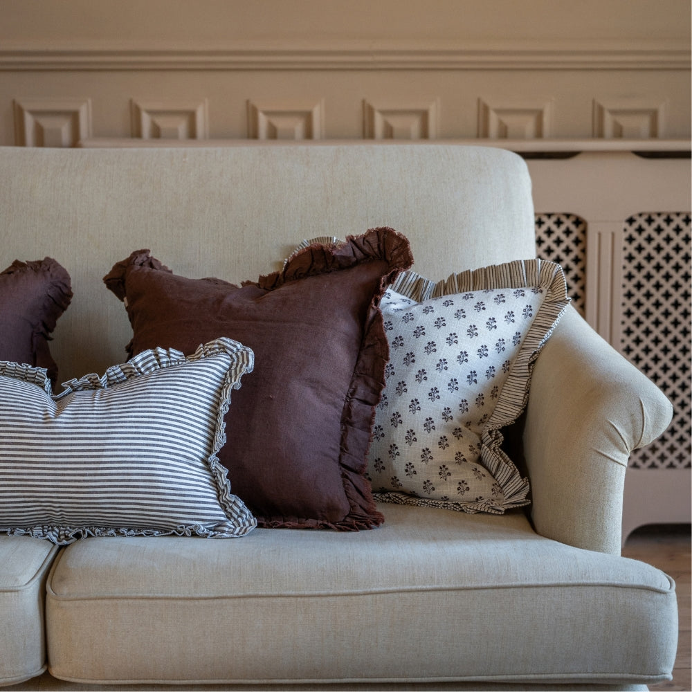 Lily Dark Brown Print Ruffle Edge Cushion 45x45