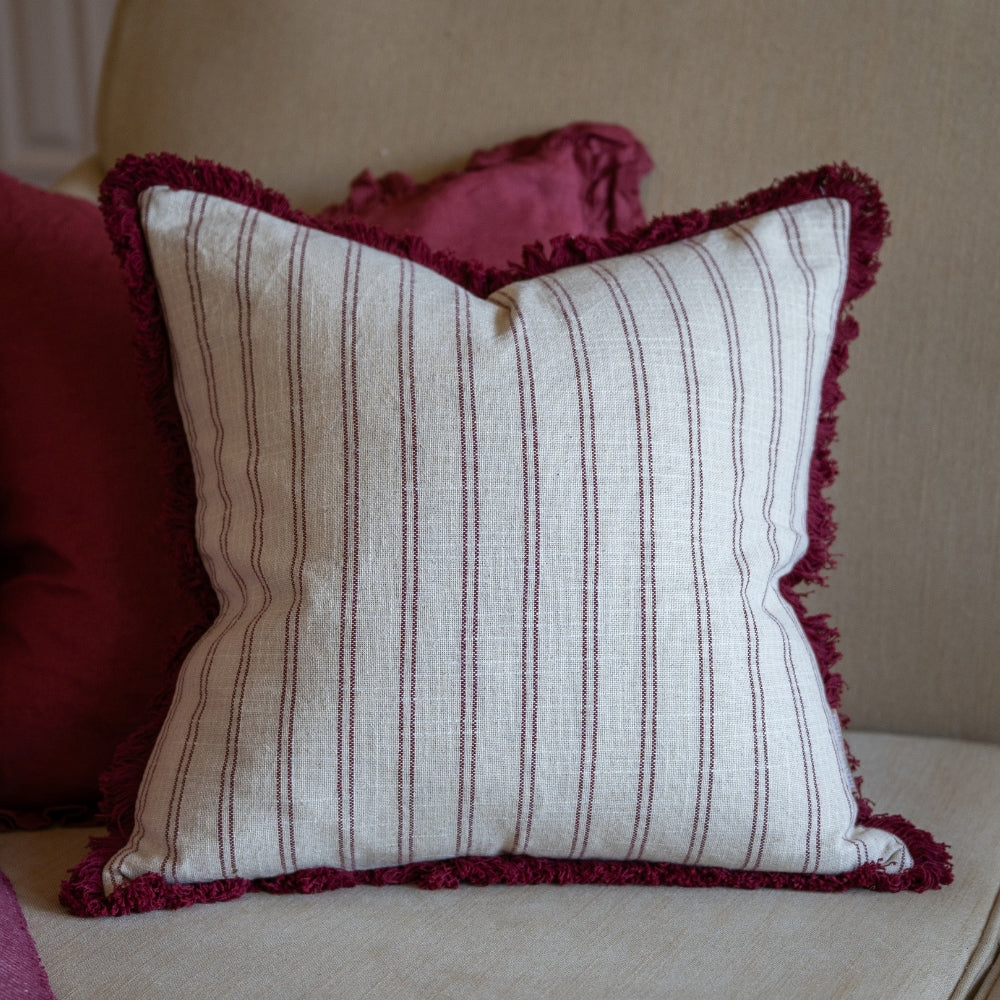 Sadie Burgundy Stripe Fringed Cushion 45x45