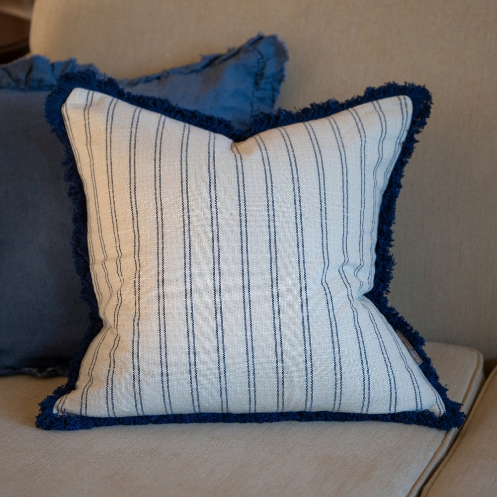Sadie Navy Stripe Fringed Cushion 45x45