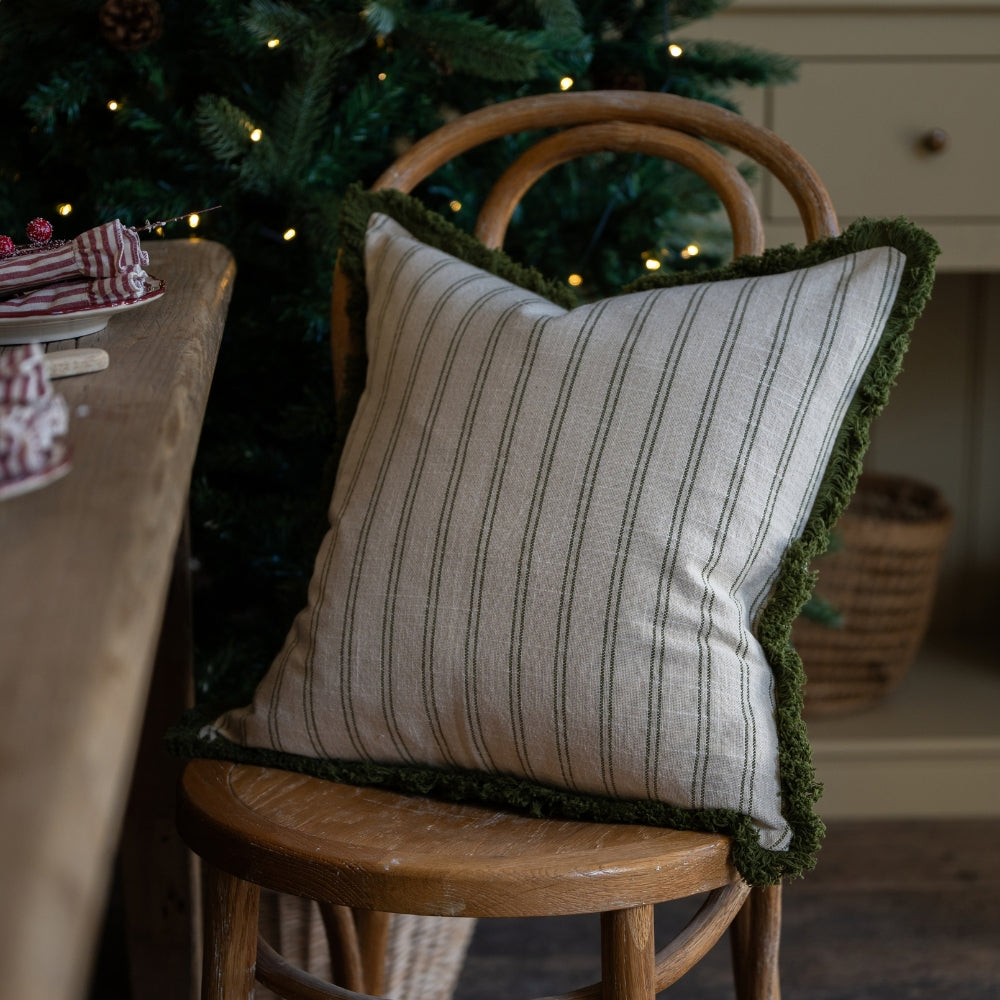 Sadie Olive Stripe Fringed Cushion 45x45